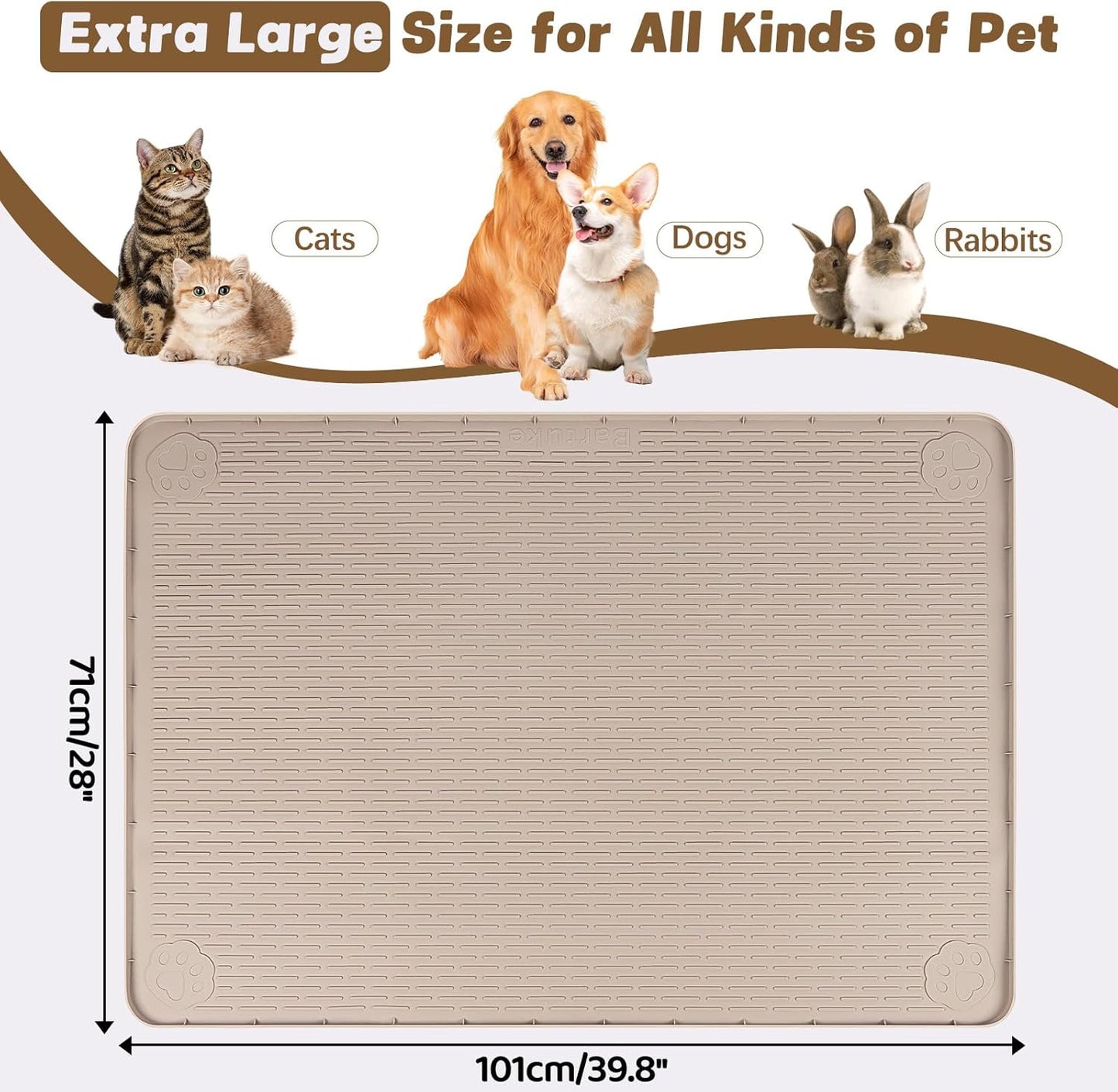 Cat Food Mat, 40" x 28" Extra Large Silicone Pet Feeding Mat with Raised Edge Pet Placemat for Food and Water Bowl Non-Slip, Easy to Clean, Floor Protection (Khaki)