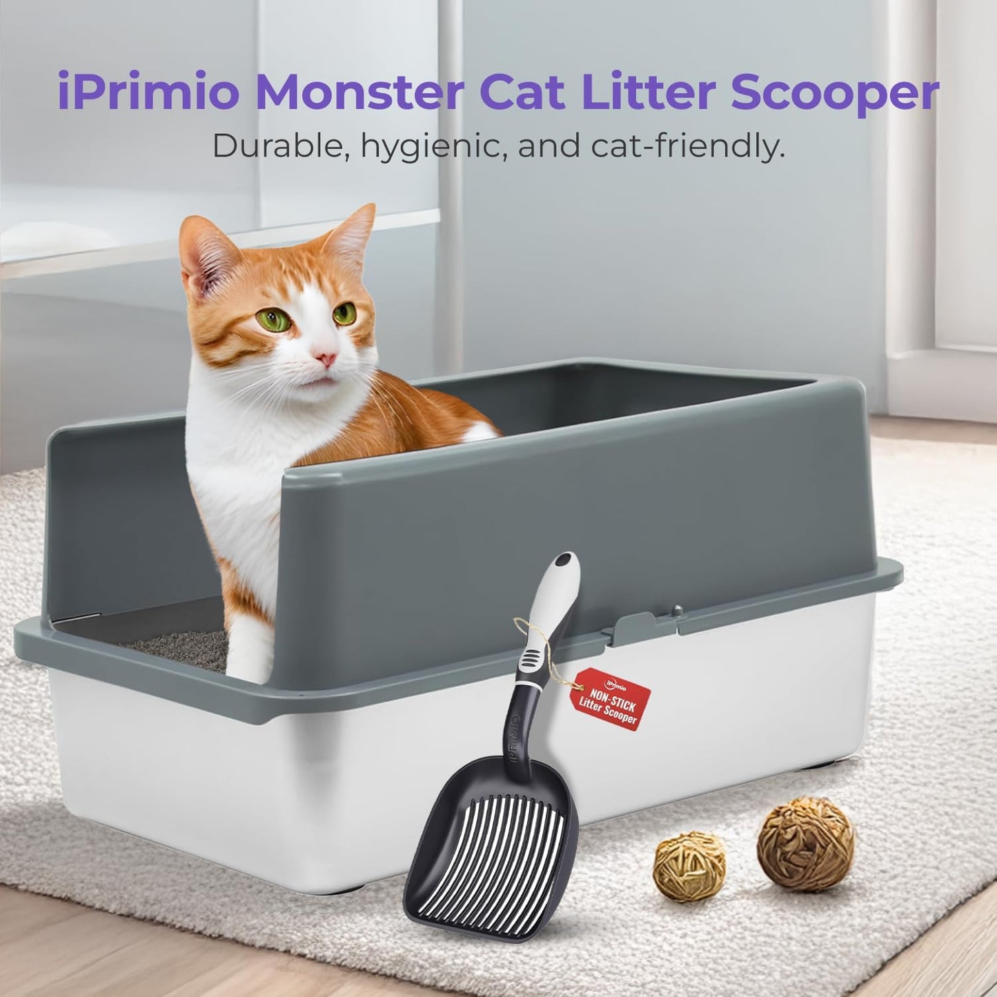 iPrimio Cat Litter Scoop Metal w/ Deep Shovel, Black - Non Stick Plated Aluminum Cat Litter Scooper with Holder - Litter Box Scooper - Metal Cat Litter Scoop - Patented Sifter w/ Holder - Solid Handle
