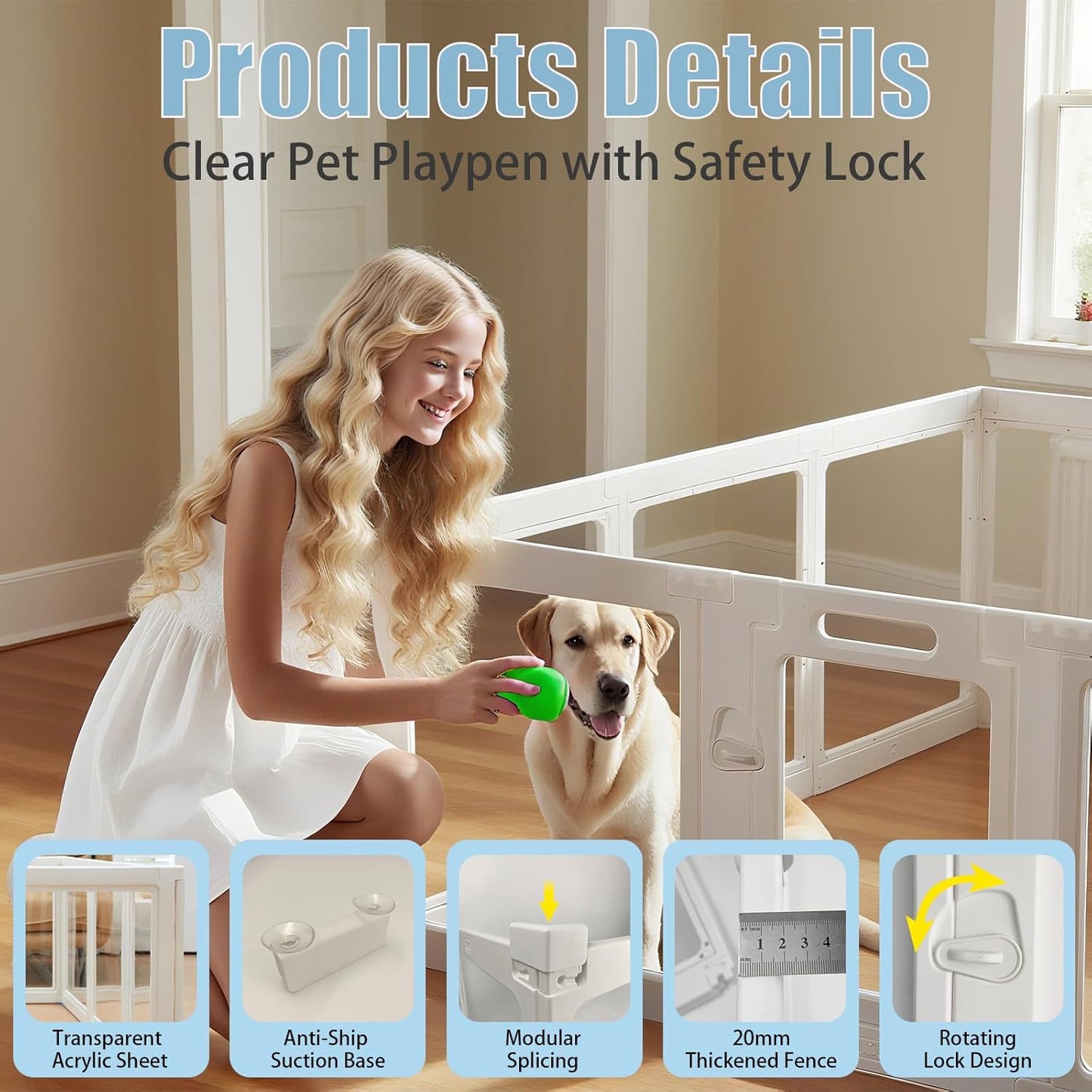 Clear Acrylic Dog Playpen Transparent Dog Playpens Indoor, Small Pet Play Pen for Small Dogs, Puppies, Cats & Rabbits, Assemble & Disassemble, with Door & Suction Cups (23.6" H, 12PCS),White