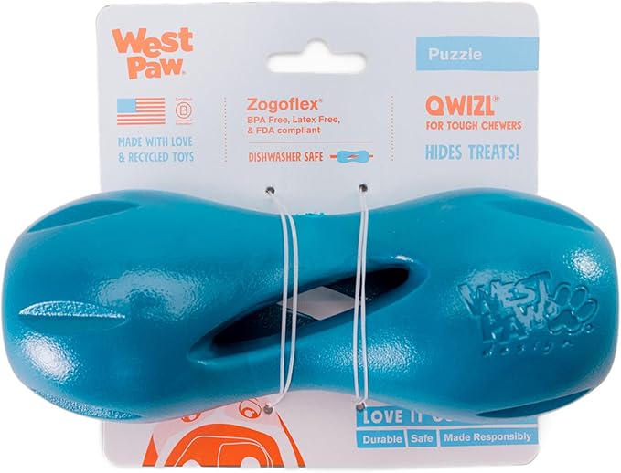 West Paw Qwizl Treat Dispensing Dog Toy for Tough Chewers- Durable Long Lasting Chew and Fetch Toy Keeps Dogs Engaged- Dishwasher Safe Safe Materials Made in USA - River Blue, Large