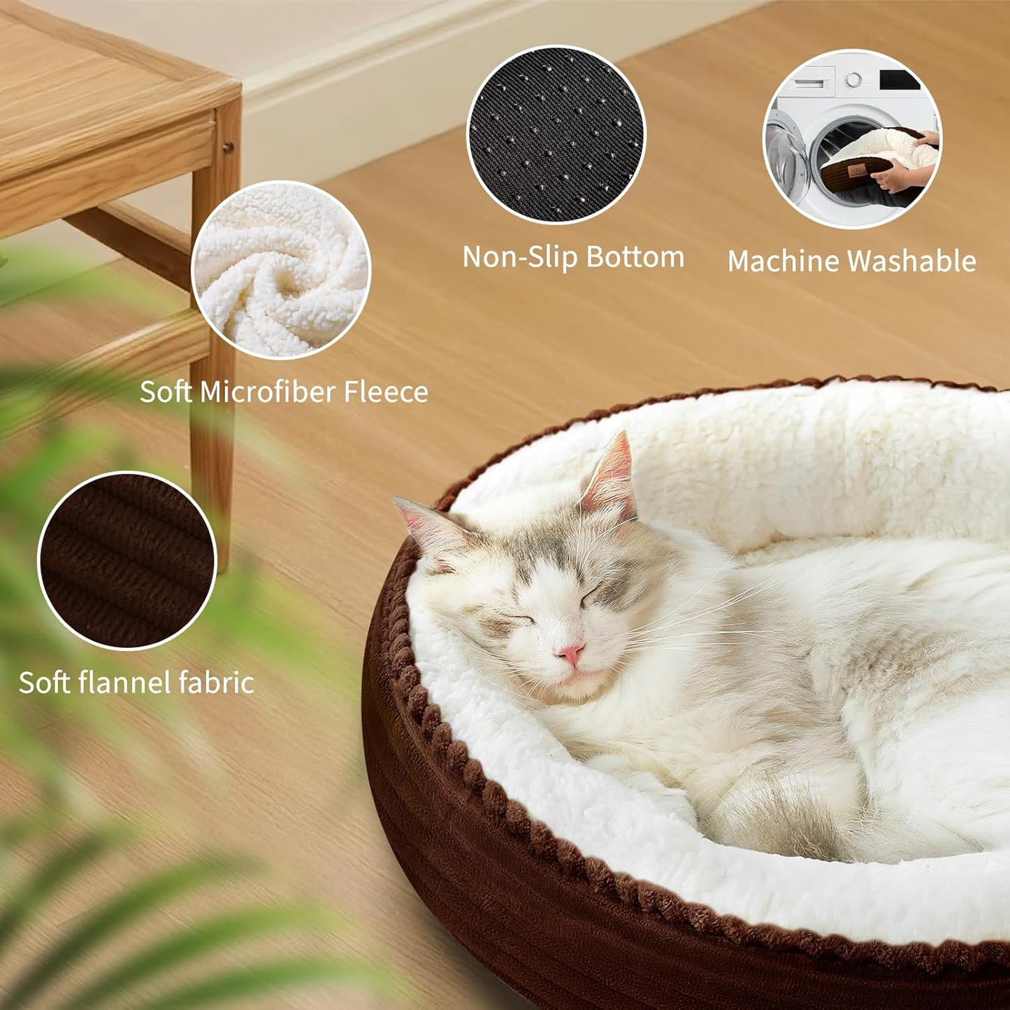 20in Washable Cat Beds for Indoor Cats - Round Donut Pet Bed for Cats, Small Dogs, Puppy, Kitten - Anti-Slip Bottom, Calming Bed Gift - Brown