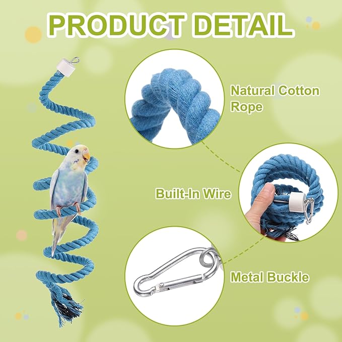 Bird Rope Perch Swing, Spiral Rope Perch Standing Pole Accessory Climbing Swing Paw Grinding 59 Inch, (Blue) Intended for Parrot/Parakeet/Budgies/Cockatiels/Lovebirds