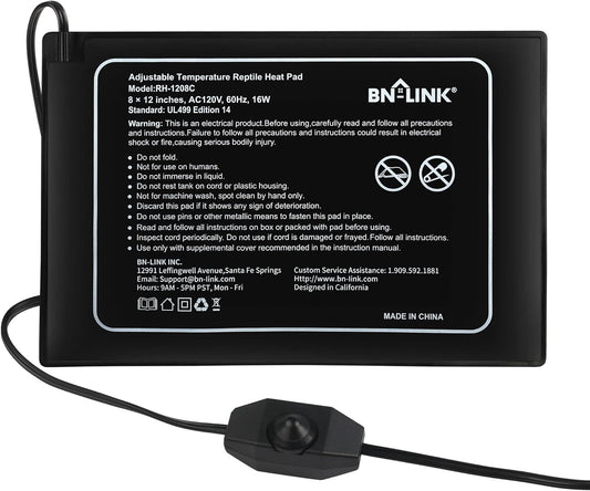 BN-LINK Reptile Heating Pad 8" X 12" with Adjust Knob, Adjustable Temperature Electric Indoor Under Tank Terrarium Heating Mat Waterproof for Turtles, Lizards, Frogs, and Other Reptiles