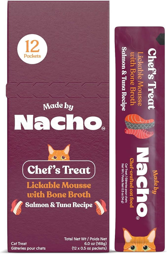 Made by Nacho Lickable Cat Treats Mousse Tubes 12 Count with Bone Broth Salmon & Tuna Recipe (.5 oz) No Grains, Corn, Wheat or Soy
