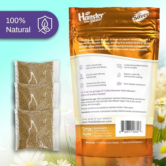LITTLE SAVER Hamster Odor Blaster | a New Generation Of Animal Bedding Deodorizer | Unique Slow Release Formula | Natural Fresh Scent - Lavender & Chamomile | Up to 15 Weeks Supply | 3 x 0.5oz bags