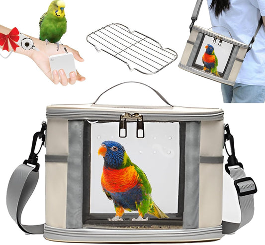 Bird Travel Carrierm, Small Bird Travel Backpack Carrier Cage with Tray and Breathable Clear Window, for Parakeet Cockatiel Budgies, for Camping Hiking (Small-White)