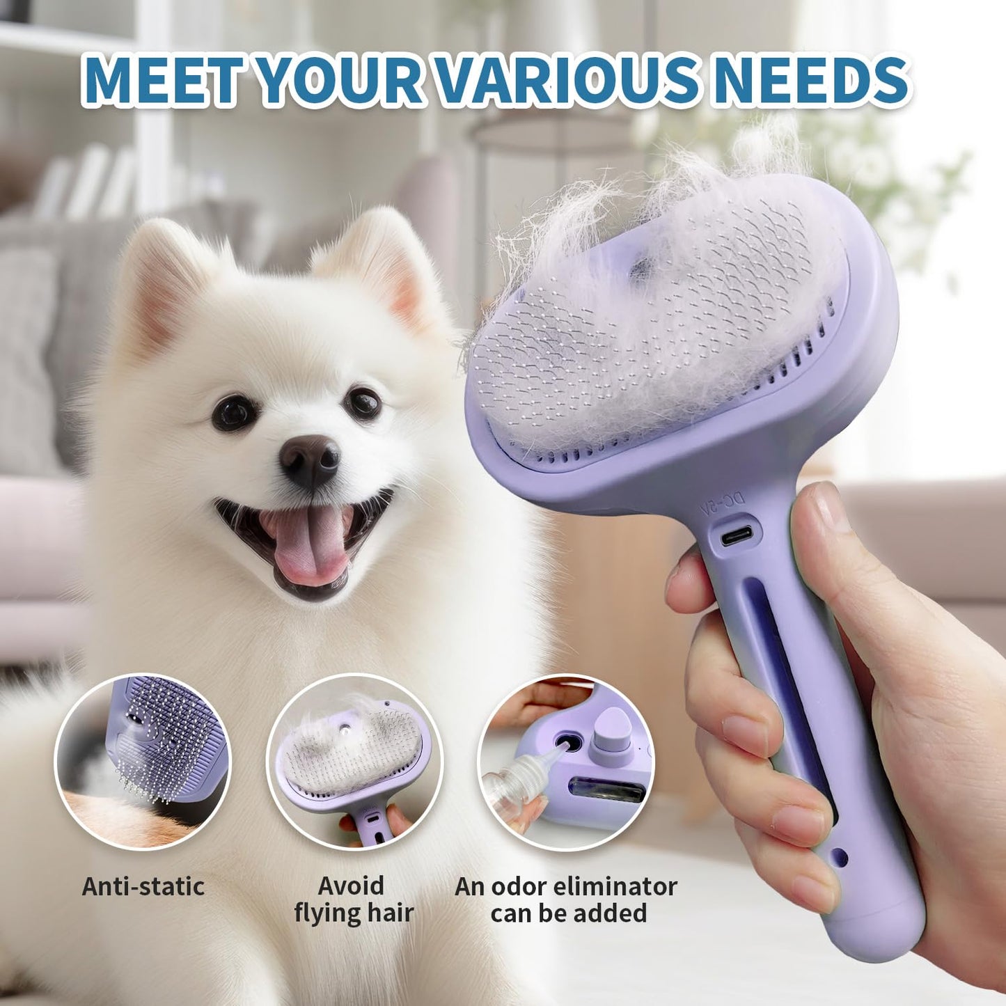 3 in 1 Steam Cat Brush for Shedding - Self-Cleaning Dog Grooming Tool for Long and Short Hair Pets - Removes Static, Flying Hair, and Loose Fur (Purple)