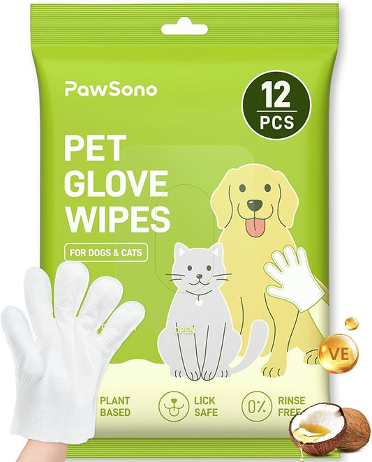12PCS Hypoallergenic Pet Glove Wipes for Dogs & Cats - Quick Clean & Deodorizing Between Baths & Travel | Dog Washing Wipes for Fur, Butt, Paws, Eyes & Ears |Cat Cleaning Gloves for Grooming & Bathing