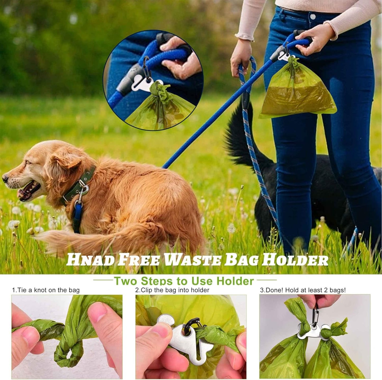 Clear Metal Dog Waste Bag Dispenser & Holder - Portable, 1 Hand Free, Fits Leash Accessory, Set Includes Dog Poop Bags