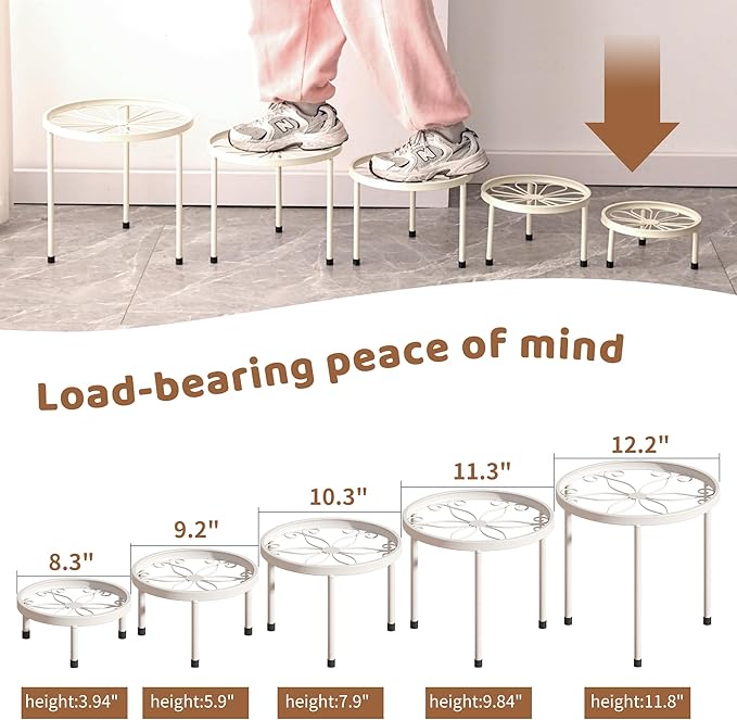 Plant Stand Indoor Outdoor 5 Pack Heavy Duty Metal Stand Multiple Plants, Anti-Rust Iron Flower Pot Stand Decoration Racks Plant Pot Shelf for Living Room Garden Balcony (White)