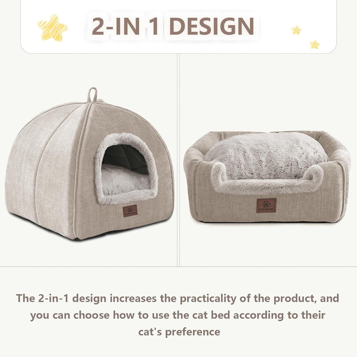 Cat Bed for Indoor Cats - Cat Cave Cat House Cats Tent with Removable Washable Cushioned Pillow, Soft and Self Kitten beds (Large, Beige)