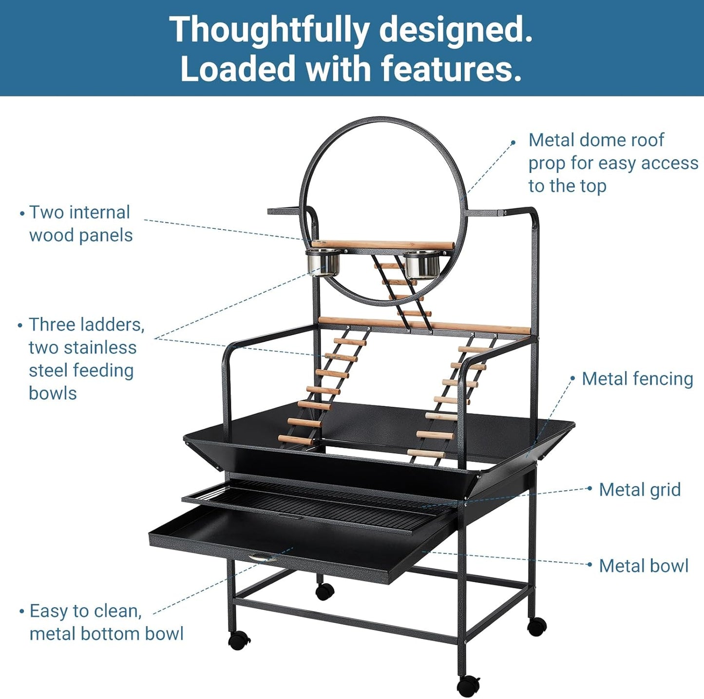 Bird Playstand, 66'' H Inch Birdcage Stand Activity Play Center with Perches and Ladders, Removable Tray, Indoor Outdoor Playground for Parakeet,Cockatiels Conures Parrots, Lockable Caster,Black
