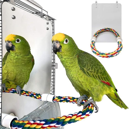 BWOGUE Large Stainless Steel Bird Mirror with Rope Perch Cockatiel Mirror for Cage Bird Toys Swing Parrot Cage Toys for Parakeet Cockatoo Cockatiel Conure Lovebirds Finch Canaries (10.6 Inch)