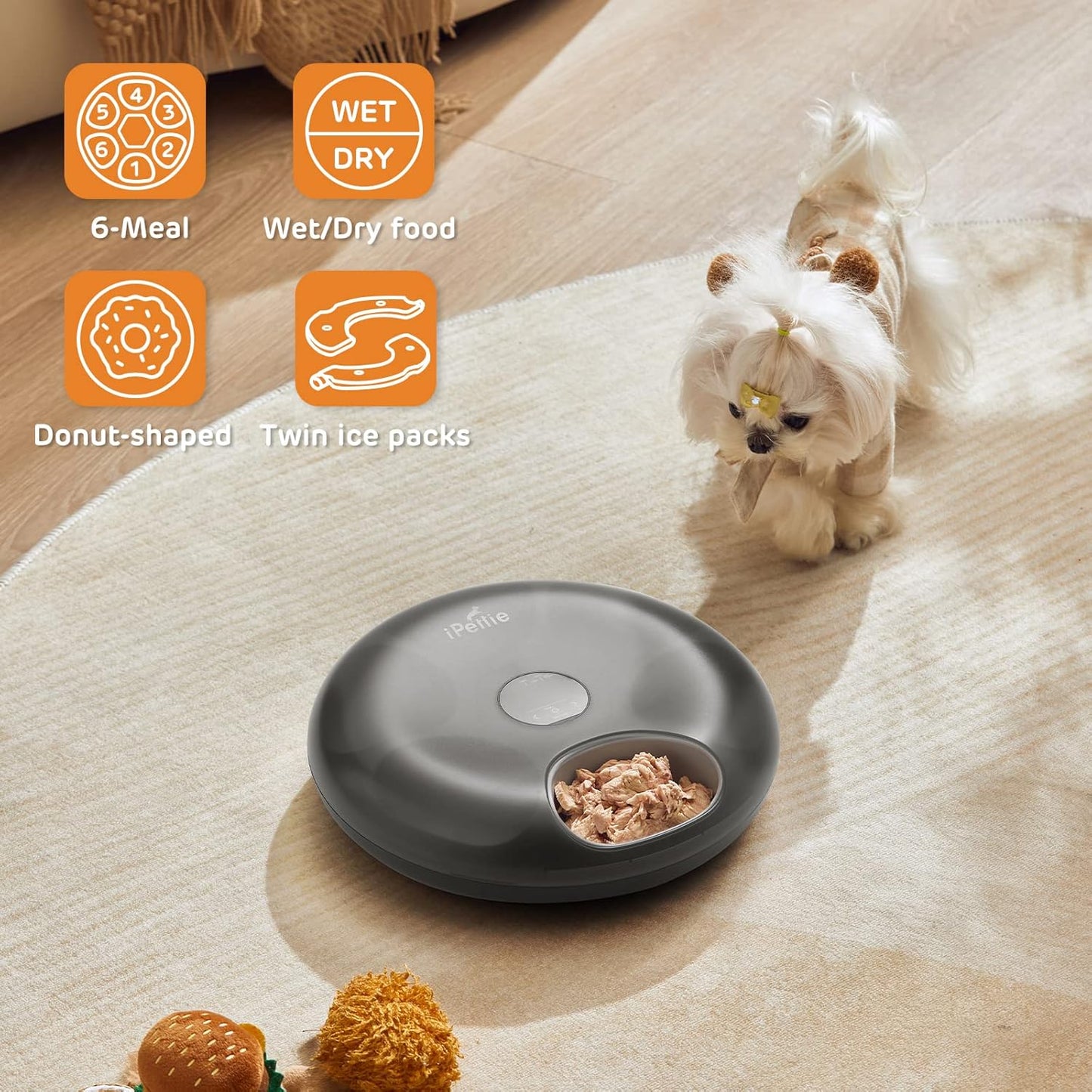 iPettie Donut Frost 6 Meal Cordless Automatic Pet Feeder, Dry & Wet Food Automatic Cat Feeder with Two Ice Packs, Rechargeable Massive Battery, Programmable Timer, Holds 6 x ½ lb. of Food