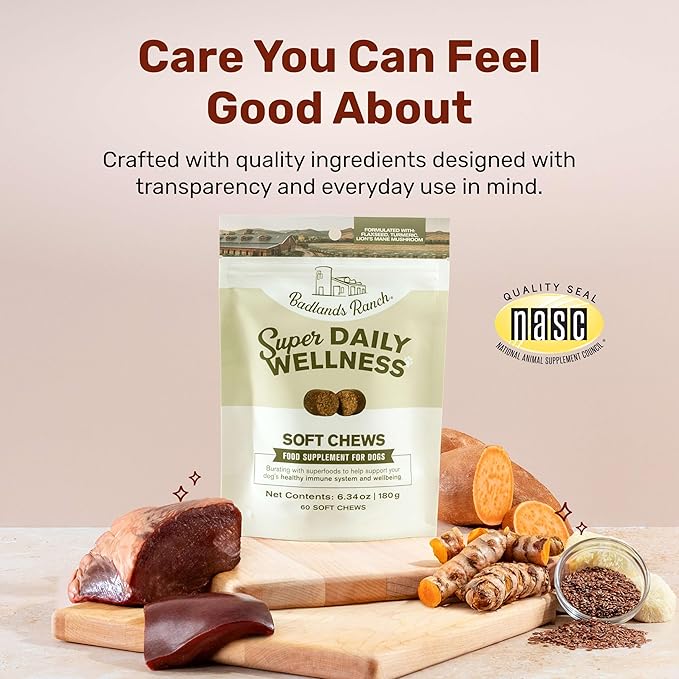 Badlands Ranch Super Daily Wellness Soft Chews for Dogs – Superfood Blend with Flaxseed, Turmeric & Lion’s Mane Mushroom – 60 Soft Chews