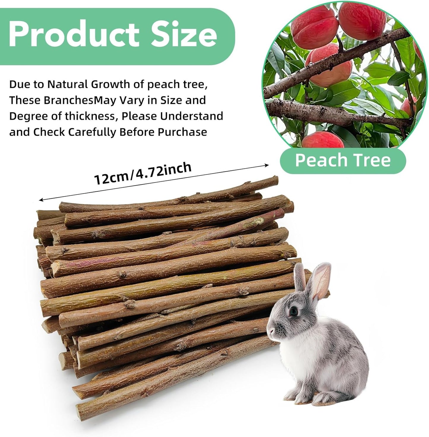 250g Natural Peach Wood Chew Sticks for Rabbits, Hamsters, Chinchillas - Extra Hard Teeth Grinding Toy | Untreated, Safe & Long-Lasting Rodent Chews