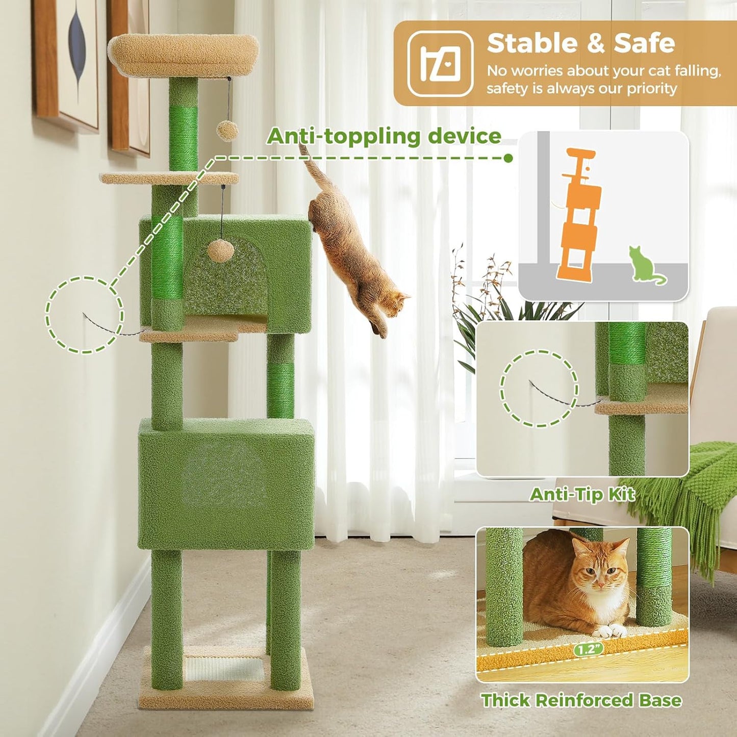 Cactus Cat Tree, 62-Inch Large Cat Tower for Multi-Cat Households w/Scratching Posts, Multi-Level Condo w/Cozy Top Perch & Scratching Pad, Padded Platform, 2 Pompoms, Green