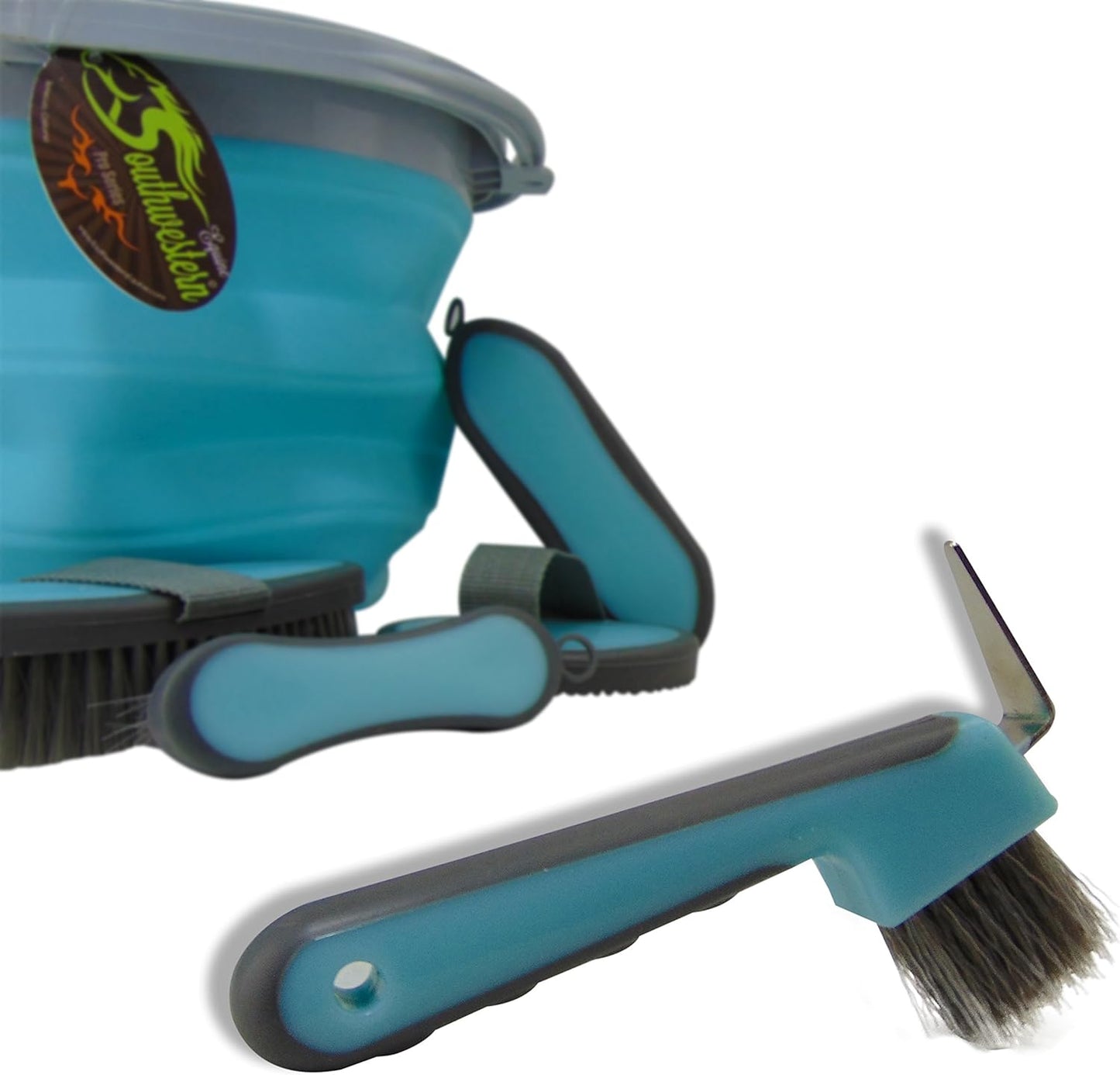 Collapsible Grooming Kit 10 Liter Bucket and 5 Grooming Tools by Southwestern Equine (Turquoise)