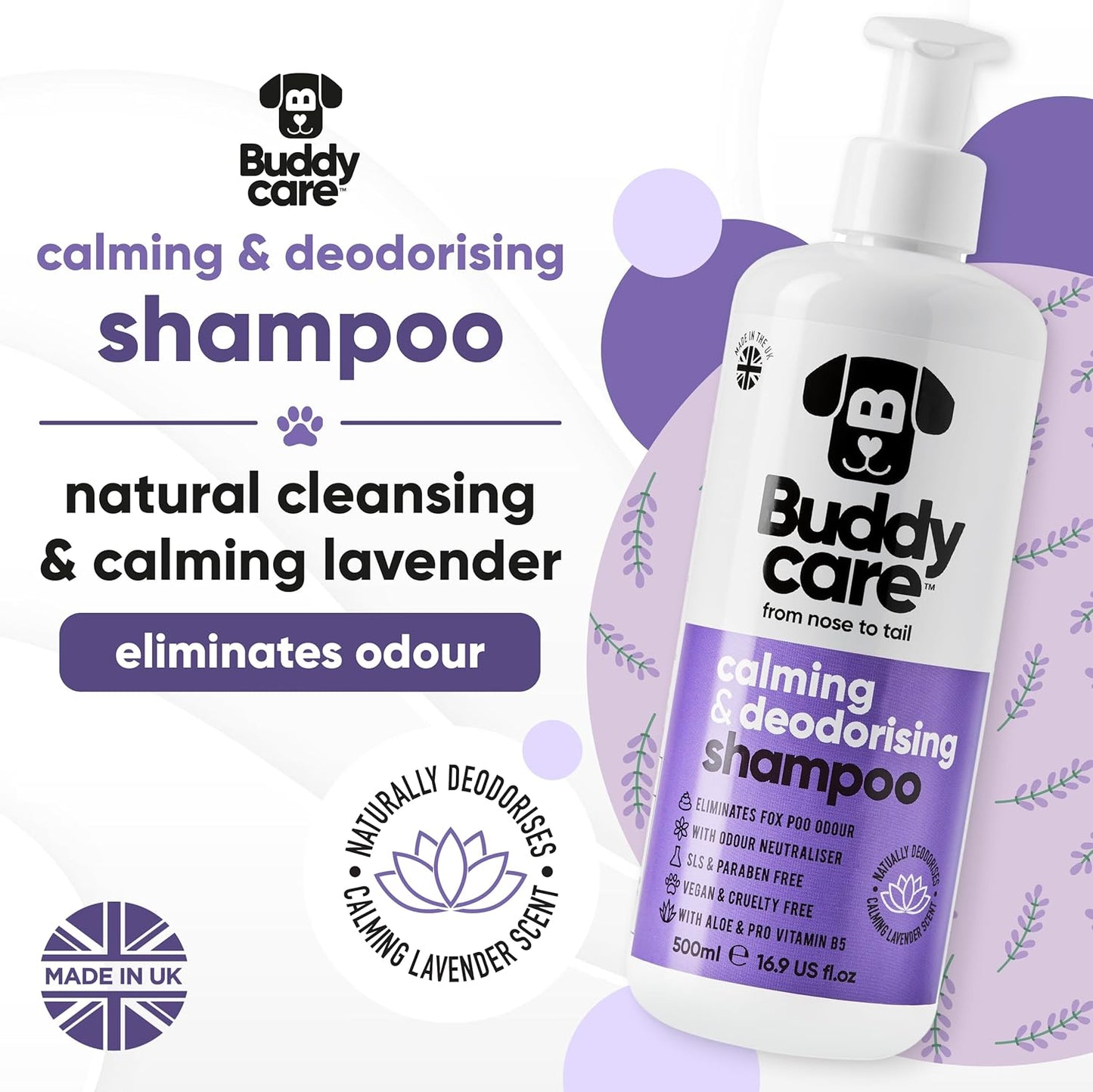 Calming & Deodorising Dog Shampoo by Buddycare | Lavender Scented | with Aloe Vera and Pro Vitamin B5 (50.72oz)