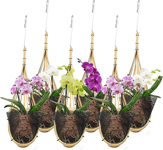 Orchid Hanging Planter 5 Inch 6 Pack with Bird Nest Style Plant Hangers, Handmade Thai Bamboo Woven Hanging Orchid Basket for Trellis Gazebo Indoor Outdoor