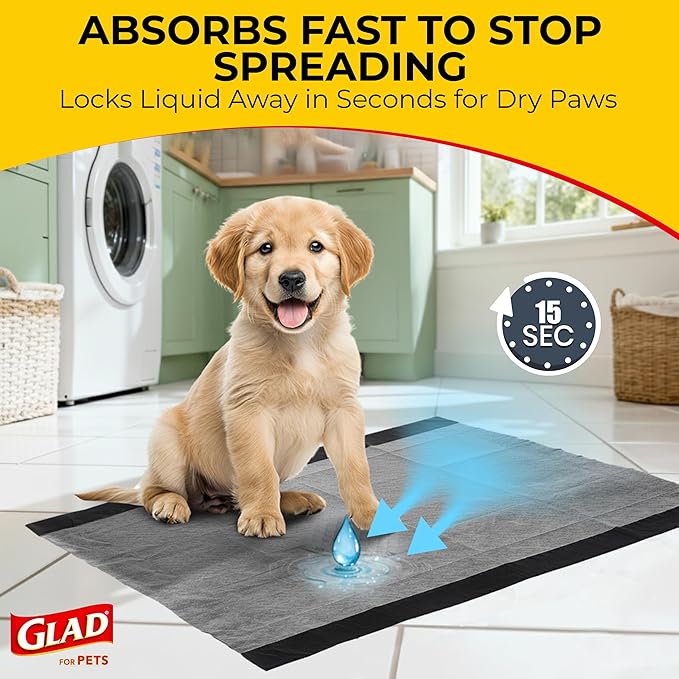 Glad for Pets Extra Large Charcoal Dog Training Pads - Absorbent Disposable Pee Pads for Dogs, Cats & Puppies - Jumbo-Size Potty Pads that Neutralize Urine Instantly - 30 Count Pet Supplies