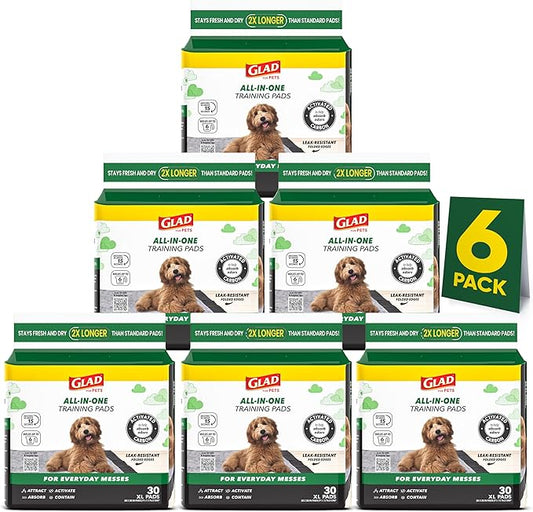 Glad for Pets JUMBO-SIZE Charcoal Puppy Pads, All-in-One | Black Training Pads That ABSORB & Neutralize Urine Instantly | New & Improved Quality Puppy Pee Pads, 30 Count - 6 Pack
