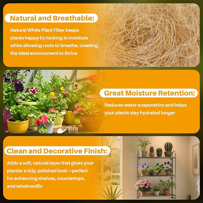 MAQIHAN Natural Plant Fiber - Organic Fiber Material for Bonsai and Crafts,Bird Nesting Material,White Garden Fibers for Potted Plants,Greenery Covering,Home Decoration,Gardening,Outdoor Use