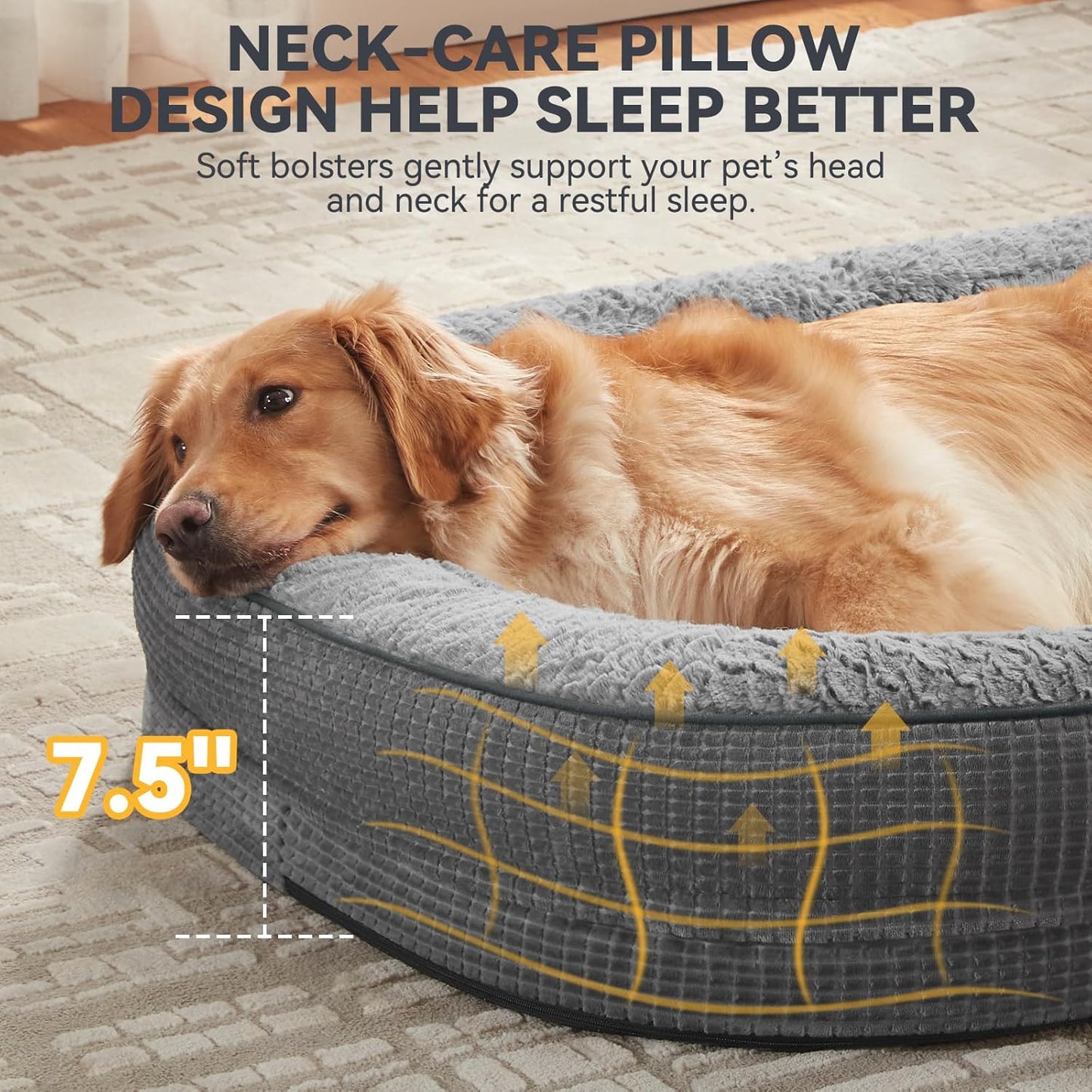 JOEJOY Orthopedic Dog Bed for Large Dogs, Egg-Crate Memory Foam Pet Bed with Bolster Sides, Waterproof Lining, Removable Washable Cover & Non-Slip Bottom, Grey