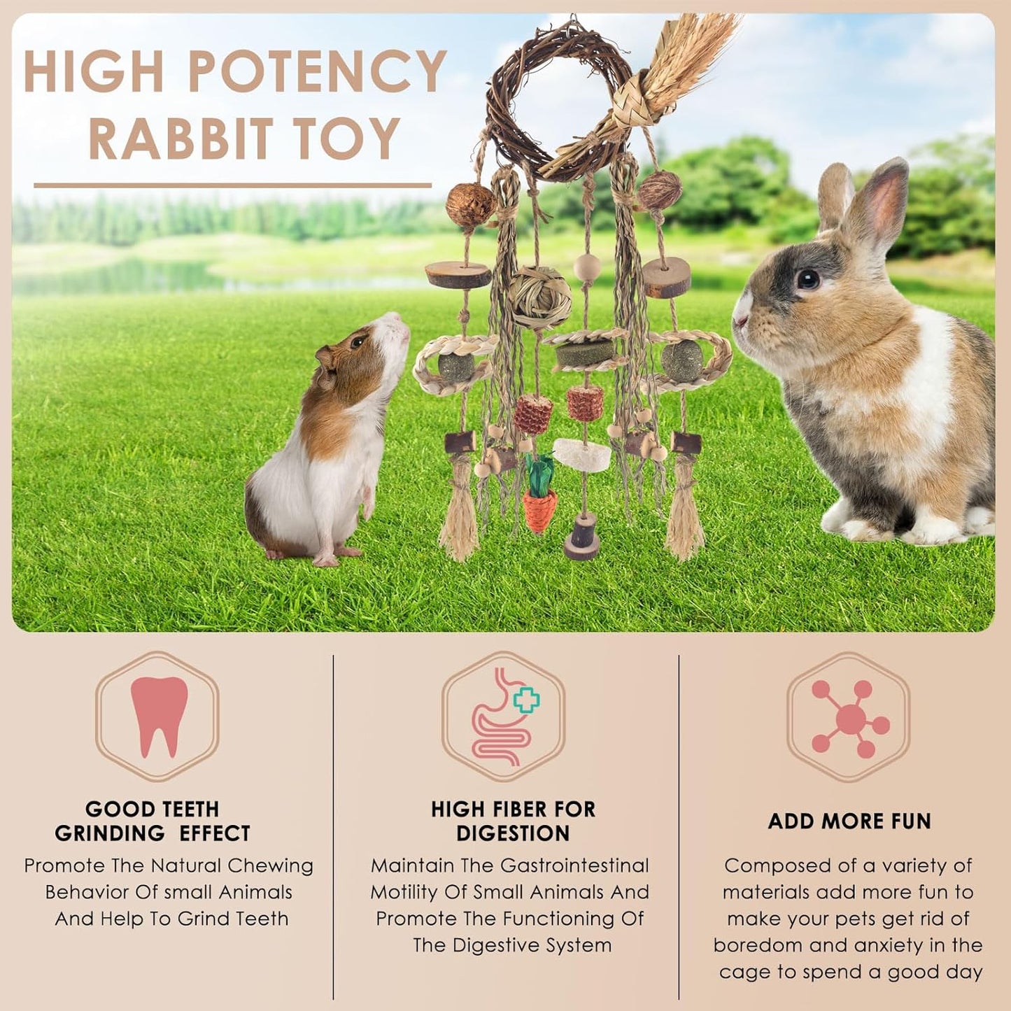 Bissap Bunny Chew Toy, Rabbits Cage Hanging Chew Toys and Treats Rattan Ring with Snacks Water Grass Wooden Block Carrot for Guinea Pigs Chinchillas Hamsters Rats and Other Small Pets Teeth Grinding