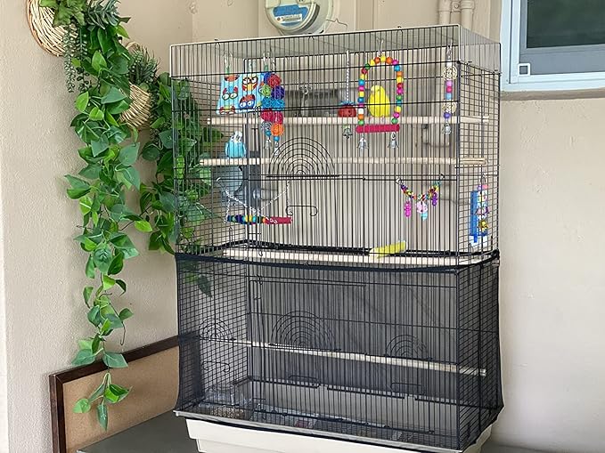 ISMARTEN Bird Cage Seed Catcher (2 Pack), Airy Gauze Bird Cage Cover Seeds Guard Dust-Proof Universal Birdcage Accessories Mesh Net Cover (Black + White, L)