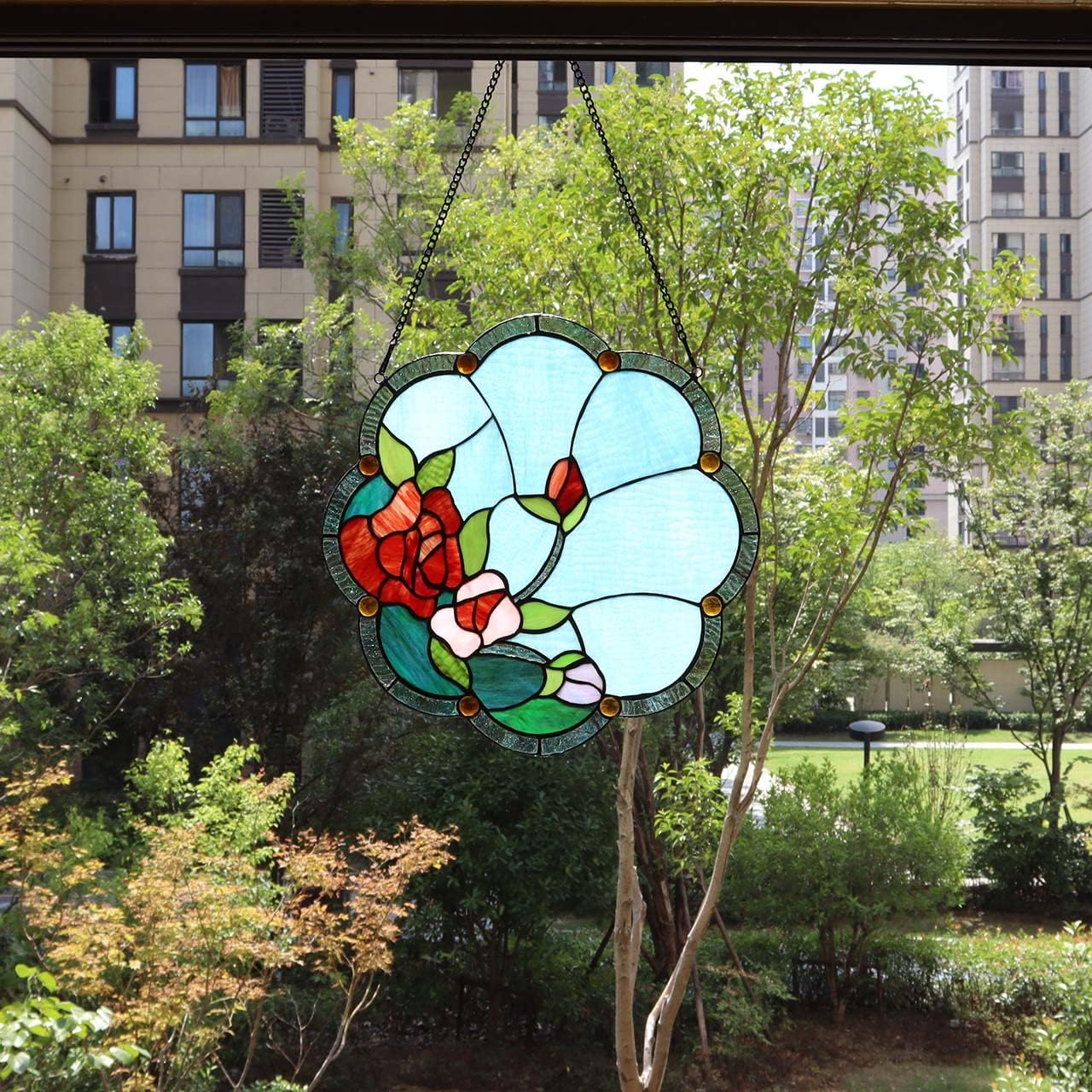 Bieye W10058 Rose Flower Tiffany Style Stained Glass Window Panel with Chain, 16-inch Wide