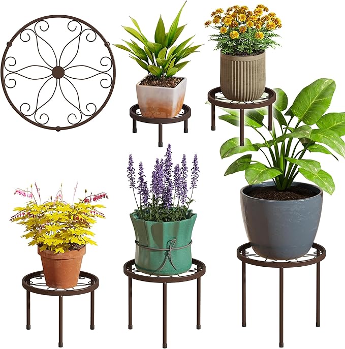 Plant Stand Indoor Outdoor 5 Pack Heavy Duty Metal Stand Multiple Plants, Anti-Rust Iron Flower Pot Stand Decoration Racks Plant Pot Shelf for Living Room Garden Balcony (Brown)