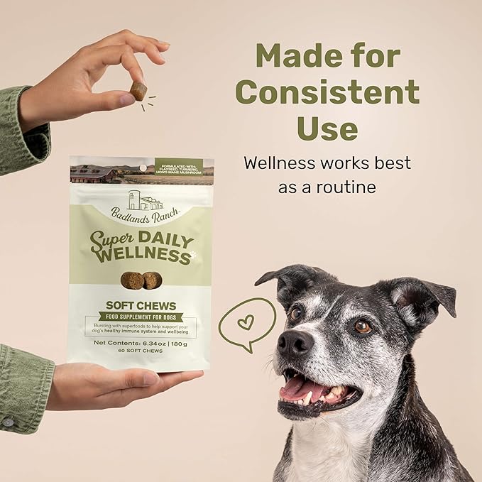 Badlands Ranch Super Daily Wellness Soft Chews for Dogs – Superfood Blend with Flaxseed, Turmeric & Lion’s Mane Mushroom – 60 Soft Chews