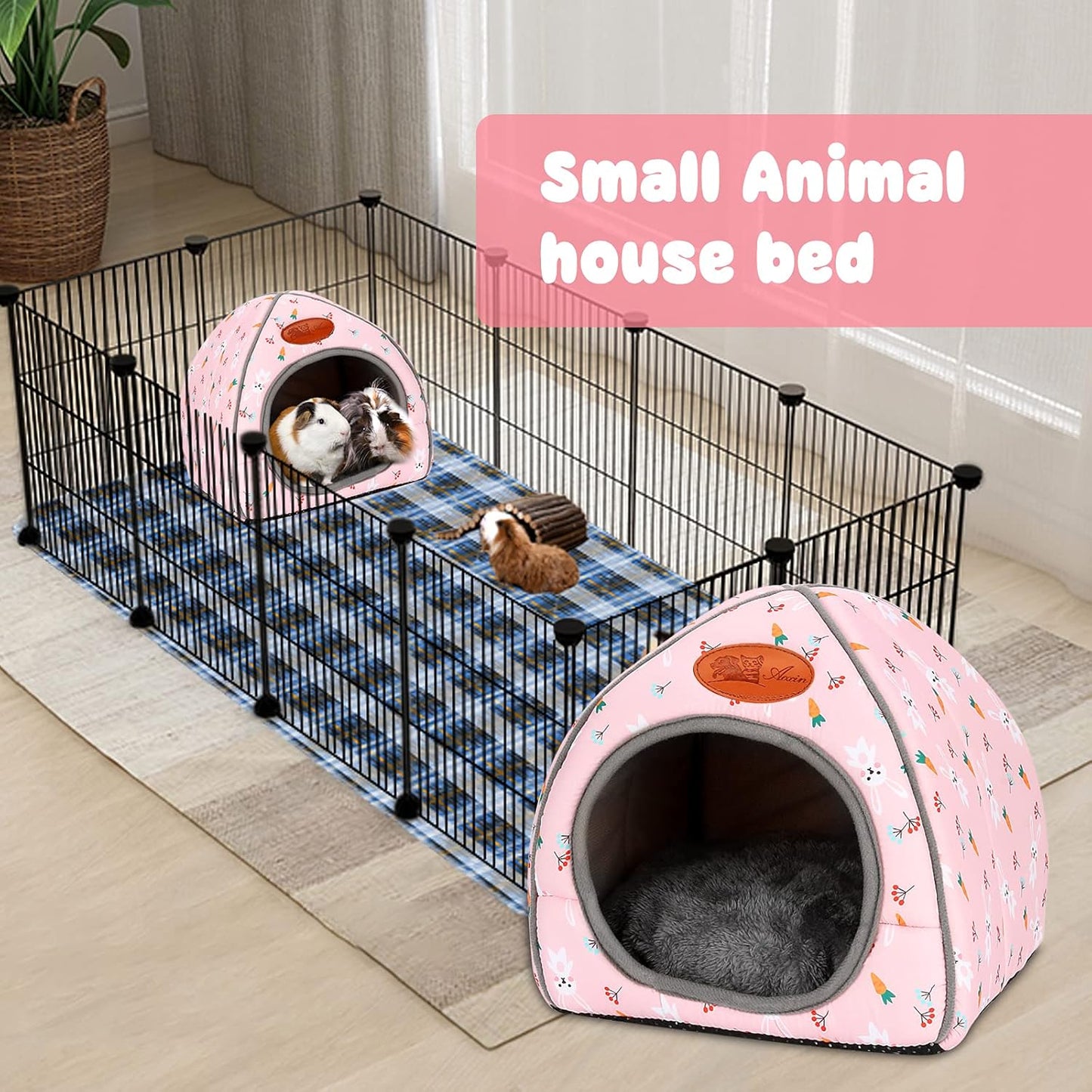 BWOGUE Guinea Pig Bed Large Hide-Out Cozy House Bed for Rabbits Ferret Chinchilla Bearded Dragon Winter Warm Cage Nest Hamster Accessories Cute Bunny and Carrot Pattern