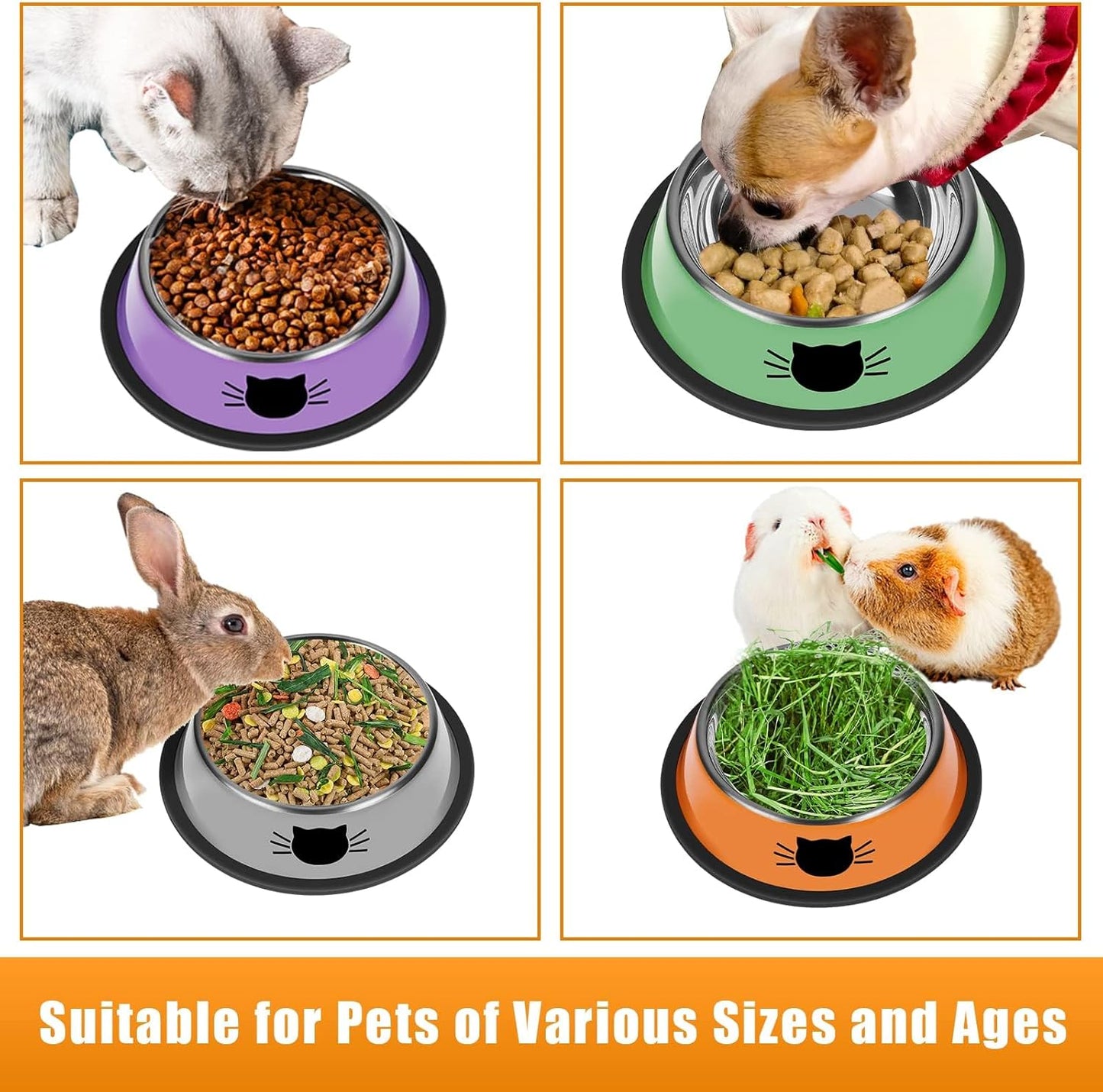 3 Pcs Non-Slip Stainless Steel Small Cat Food Bowls - Unbreakable, Thicken, 7 Oz, Suitable for Indoor Small Pets - Removable Rubber Base, Easily Clean, Lovely Color