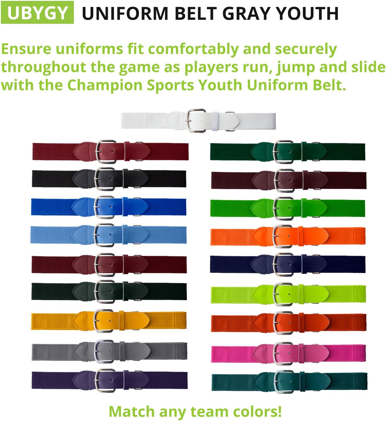 Champion Sports Baseball/Softball Uniform Belt, Comfort Stretch Fit Durable Syntex Tab - Youth & Adult Sizes, Multiple Colors