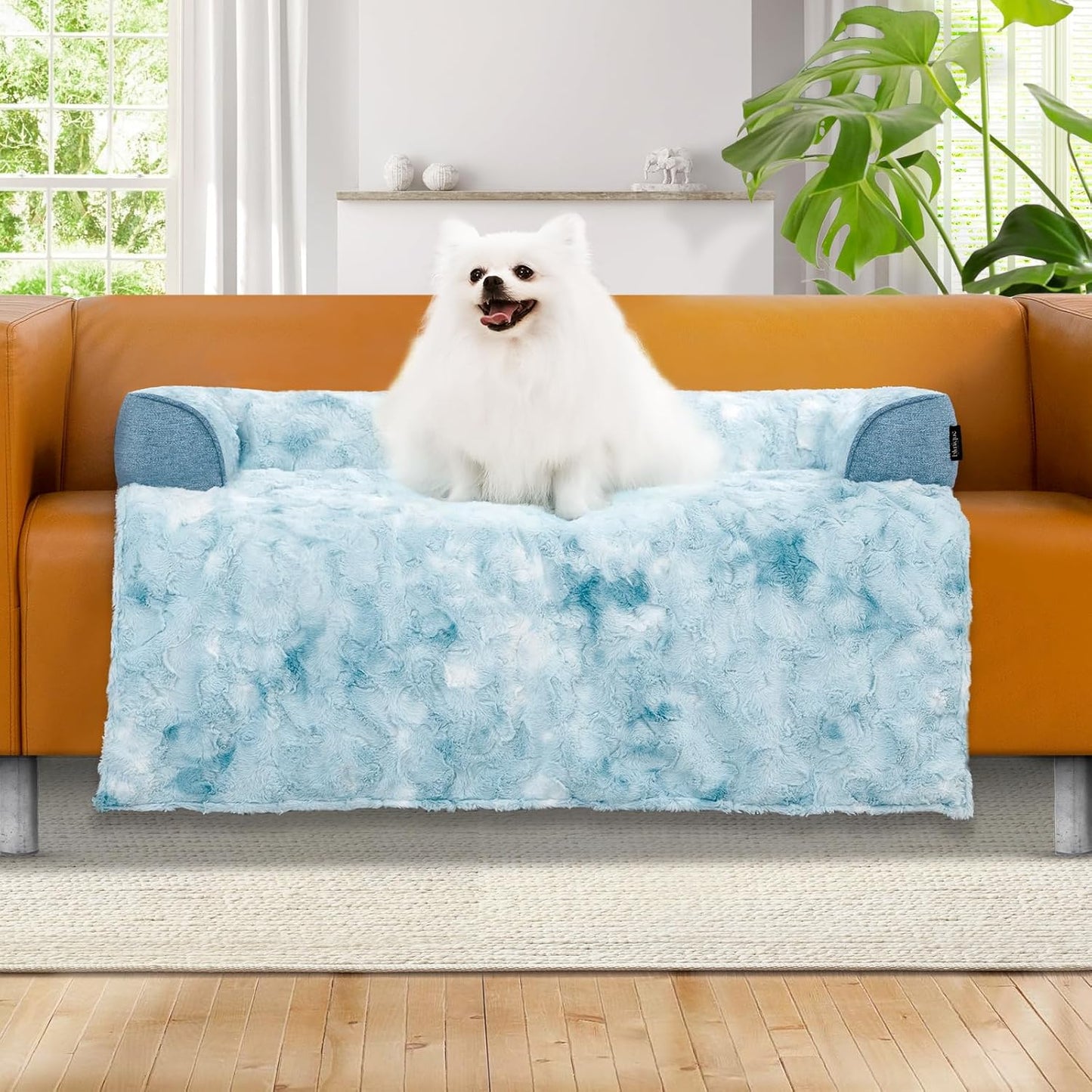 Calming Dog Couch Bed for Medium Dogs/Cats, 35 x 31 inch Waterproof Removable Dogs Mat Couch Cover for Furniture Protector, Non-Slip Fluffy Pelsbarn Dog Bed for Couch, Sofa - Tie-Dye Blue