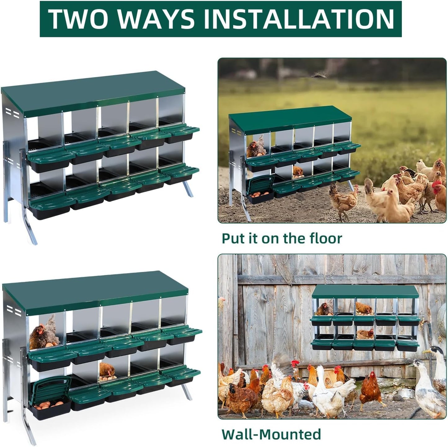 Chicken Nesting Box, 10 Hole 2 Layer Hen Nest Box with Legs, Roll Away Eggs Laying Boxes,Cleanable Pull Out Hen Roosting Boxes