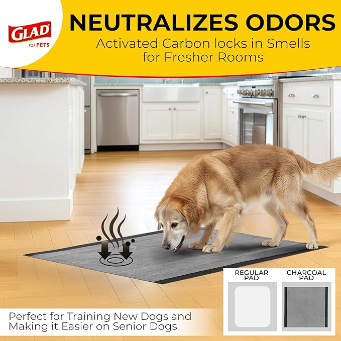 Glad for Pets Extra Large Charcoal Dog Training Pads - Absorbent Disposable Pee Pads for Dogs, Cats & Puppies - Jumbo-Size Potty Pads that Neutralize Urine Instantly - 30 Count Pet Supplies