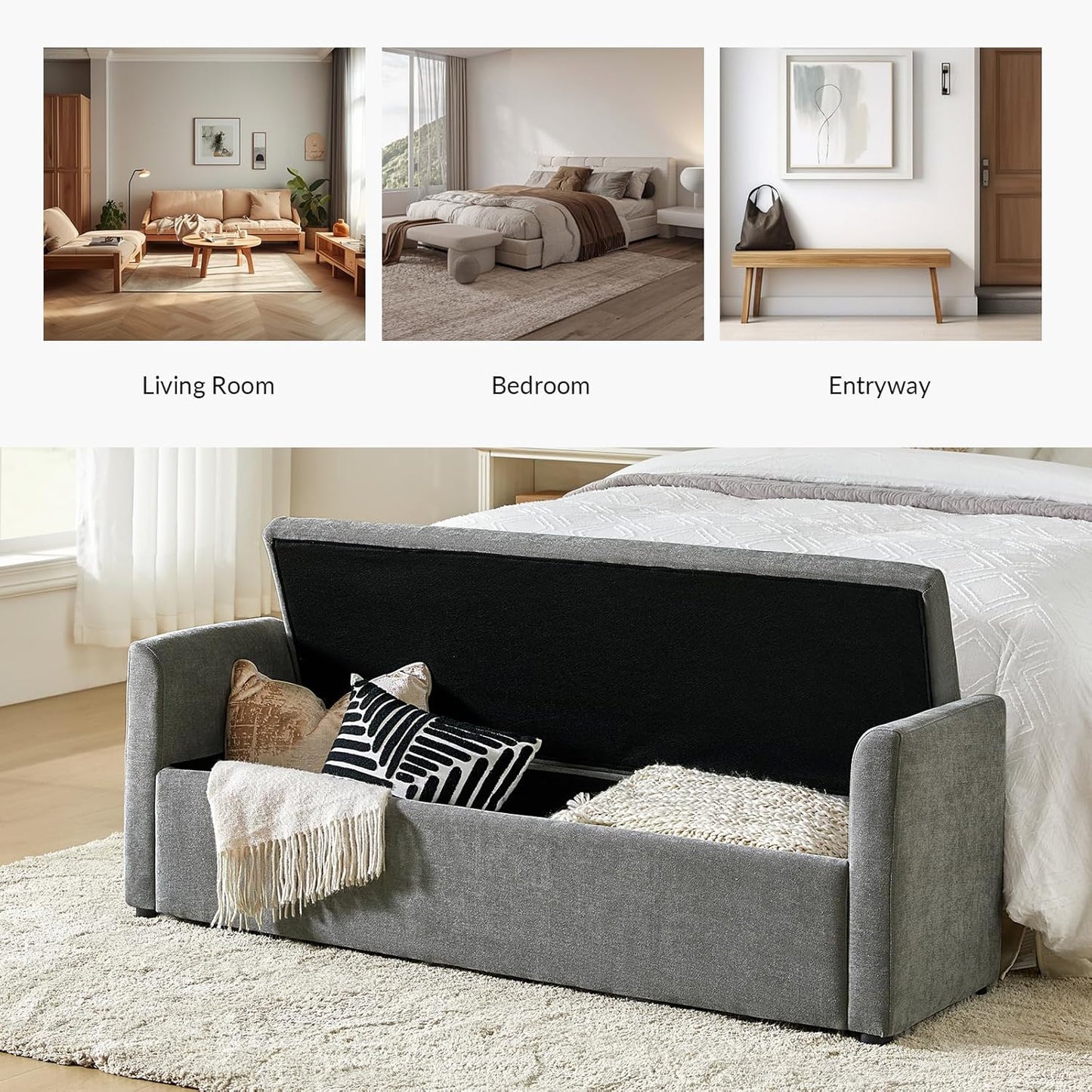 HULALA HOME Modern Storage Bench with Throw Pillows, 59.4" Extra Long Bedroom Ottoman Bench for End of Bed, Comfy Upholstered Footstool for Entryway Dining Room Living Room, Charcoal