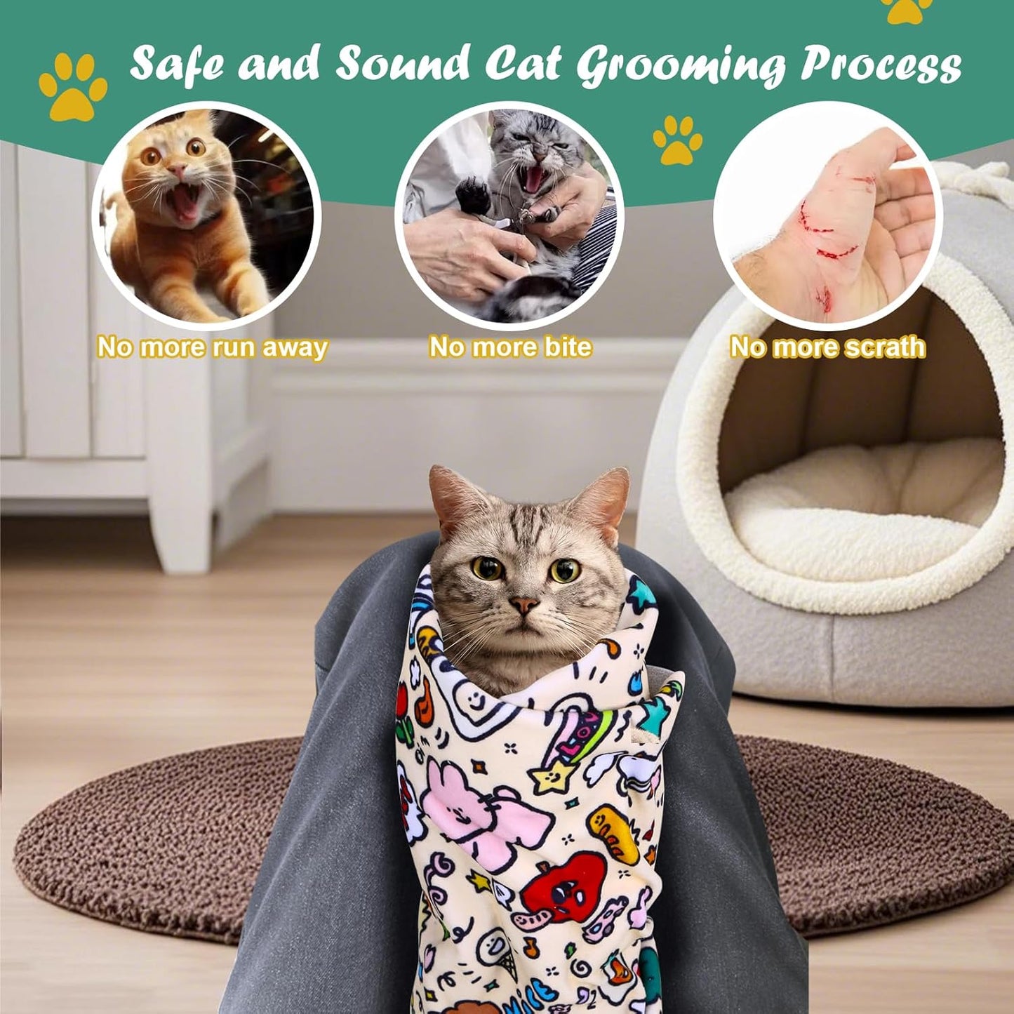 Cat Wrap for Cutting Nails and Grooming(27" x27"), Cat Restraint Wrap for Nail Clipping,Self-Adhesive Fabric Cat Swaddle Burrito Wrap for Nail Trimming (Graffiti Style)