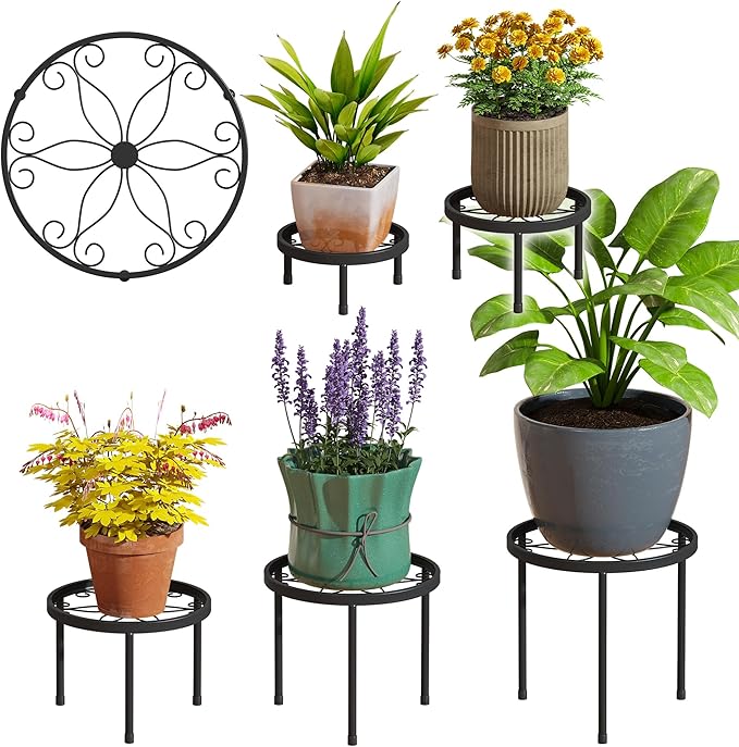 Plant Stand Indoor Outdoor 5 Pack Heavy Duty Metal Stand Multiple Plants, Anti-Rust Iron Flower Pot Stand Decoration Racks Plant Pot Shelf for Living Room Garden Balcony (Black)