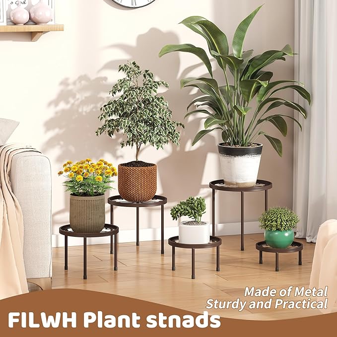 Plant Stand Indoor Outdoor 5 Pack Heavy Duty Metal Stand Multiple Plants, Anti-Rust Iron Flower Pot Stand Decoration Racks Plant Pot Shelf for Living Room Garden Balcony (Brown)