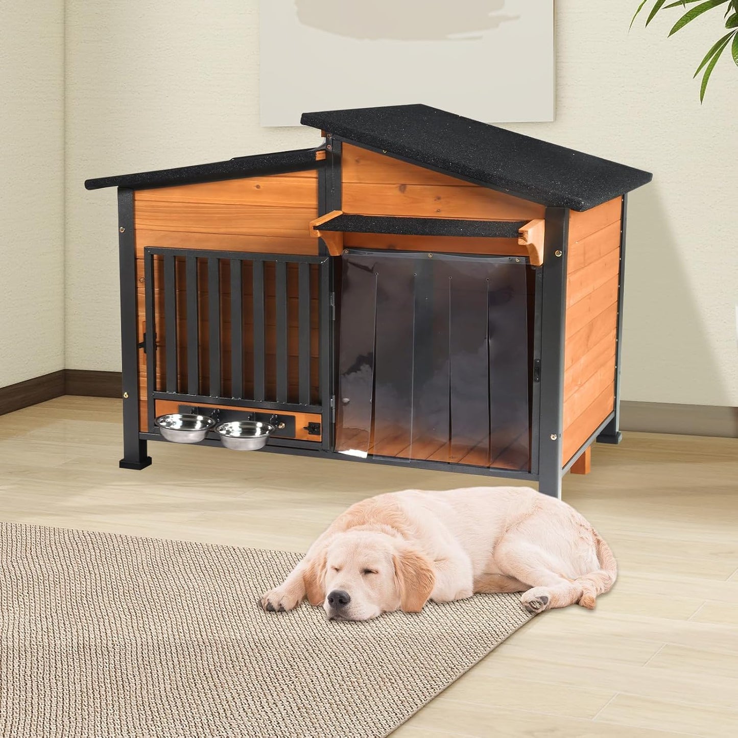 Chew-Resistant Dog House with Metal Frame, Wooden Kennel for Indoor & Outdoor Use, Waterproof Roof & Feeding Bowls Included (Wood, L)