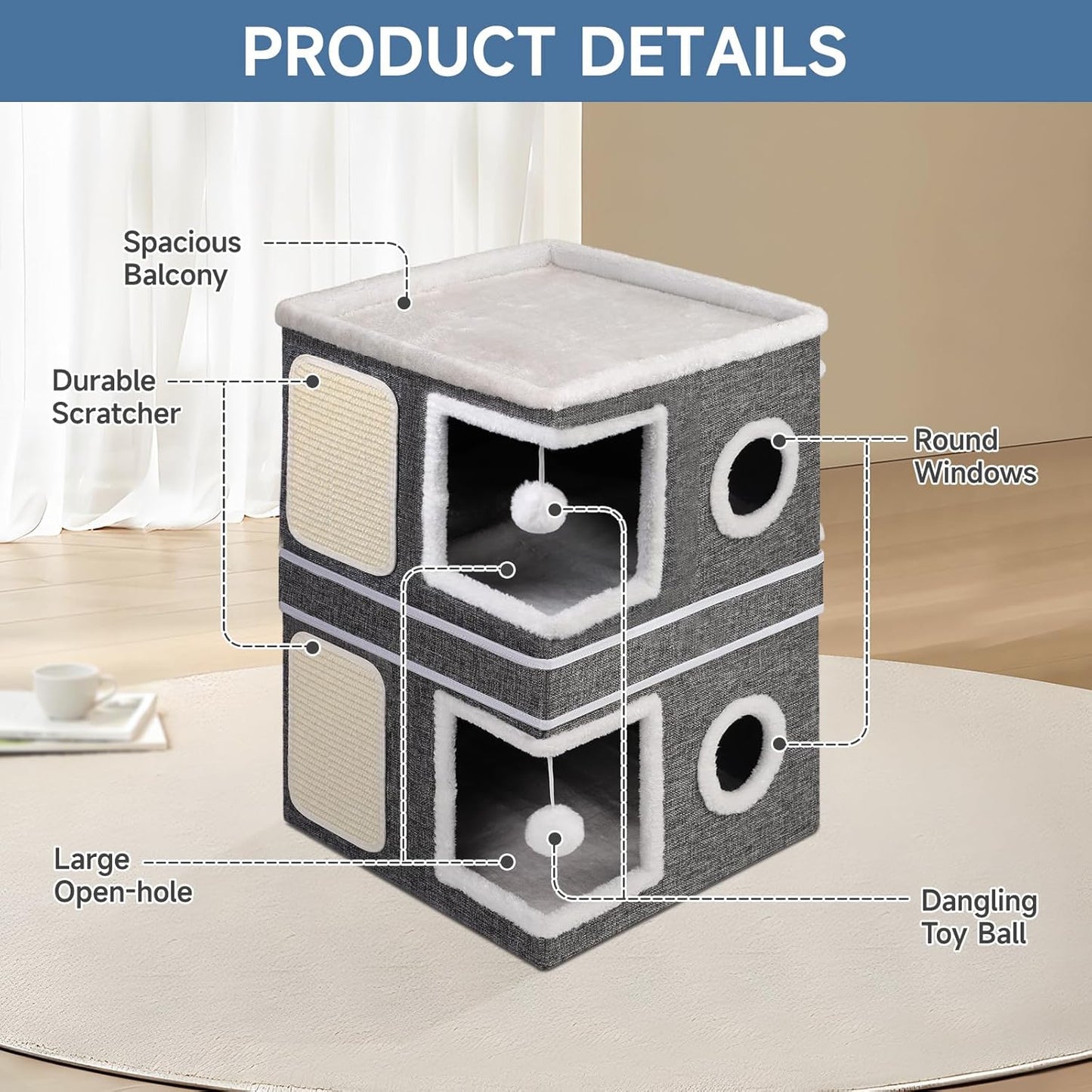 2-Storey Cat House for Indoor Cats, Separate Into 2 Large Cat Bed Cave with Hideaway Condos, Scratch Pads, Hanging Balls, Foldable Indoor Cat House Hold Up to 30LBS, Cat Cube for Multiple Cats Kitten