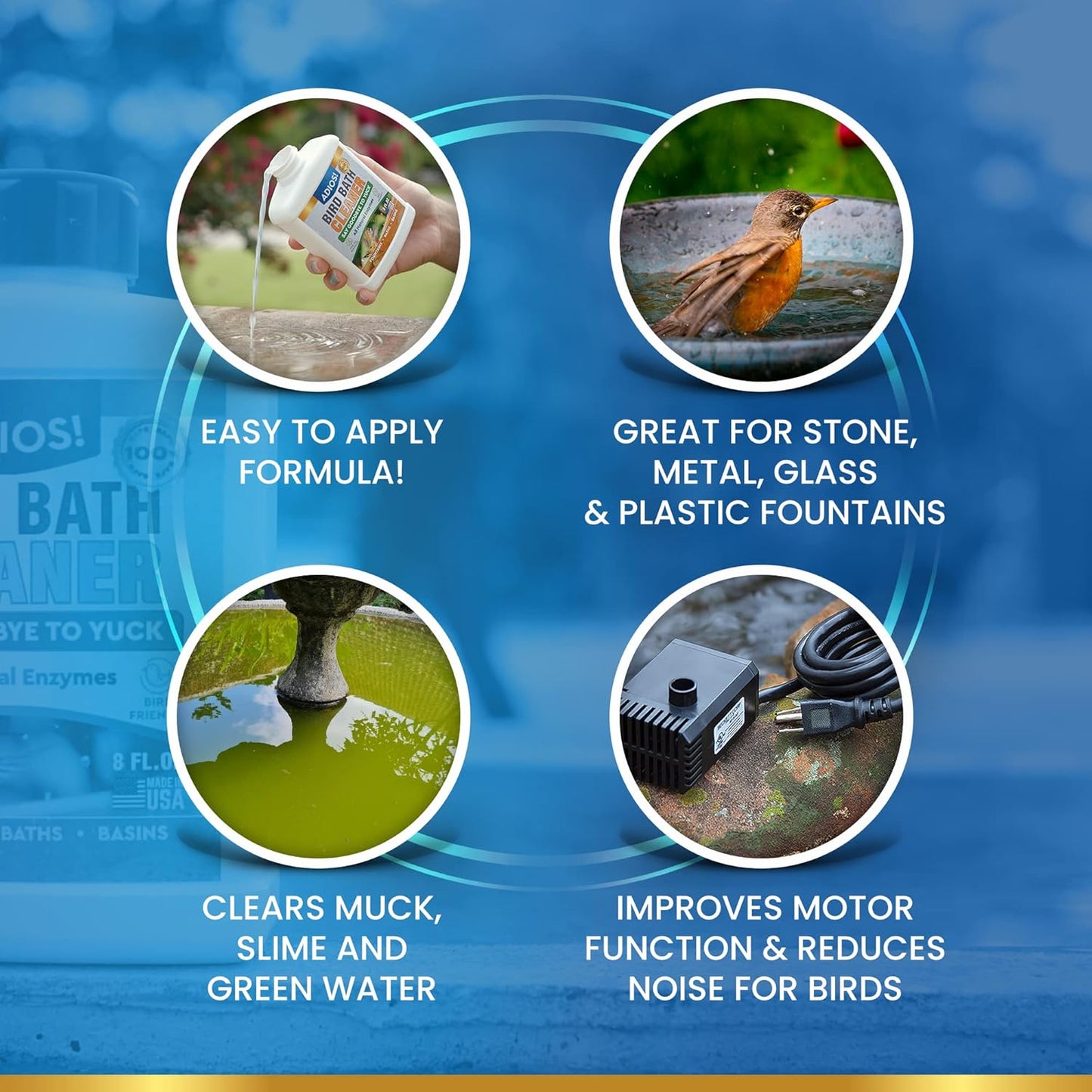 Bird Bath Cleaner for Outdoor Fountains and Bowls, Safely Cleans Metal, Glass and Stone (32oz)