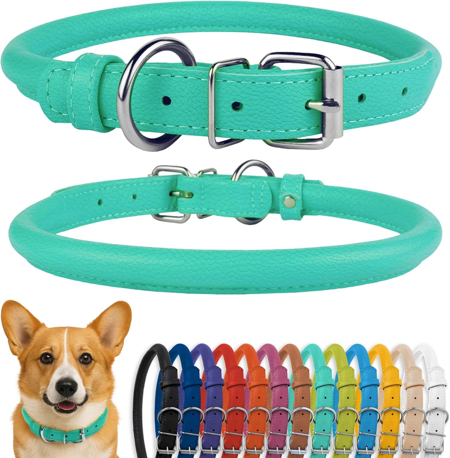CollarDirect Rolled Leather Dog Collar, Soft Padded Round Puppy Collar, Handmade Genuine Leather Collar Dog Small Large Cat Collars 13 Colors (13-16 Inch, Mint Green Textured)