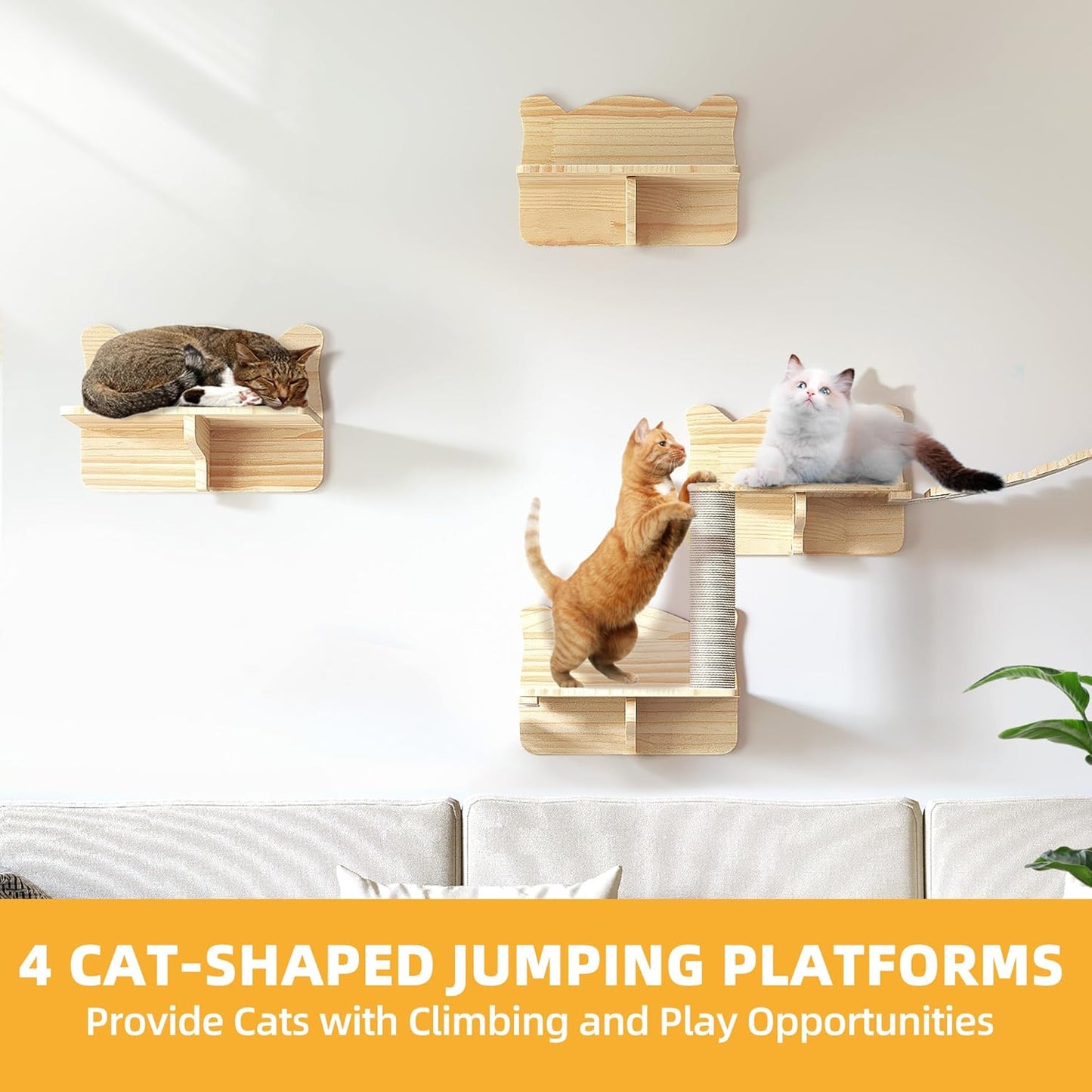 Cat Wall Shelves, Cat Wall Furniture Pine Wooden Feline Shelf, 18 Piece Feline Shelves and Perches with Condos, House, Steps, Bridge Ladder, Scratching Post and Tunnel