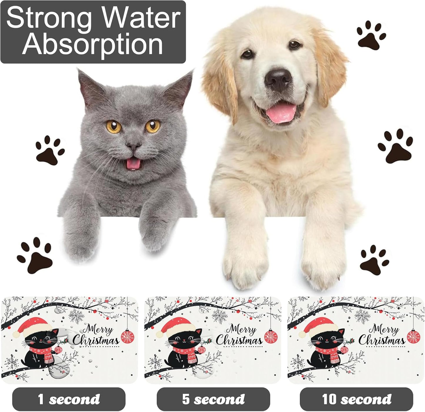 Christmas Black Cat Pet Feeding Mat-Quick Dry Absorbent Dog Cat Food Mat, Anti-Slip Water Bowl Mats for Messy Eaters-No Stains Indoor Pet Accessories 16"x24"