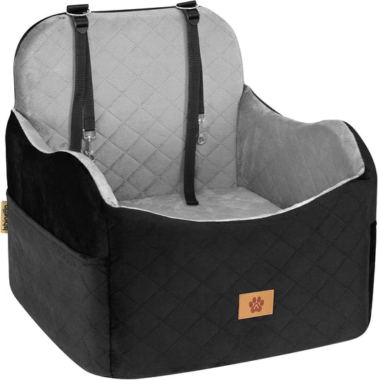 Car Seat Booster for Dog: High-Support Memory Foam Pet Car Seat for Small/Medium Dogs Under 35lbs with Elevated Cushion, Pockets - Detachable Washable Puppy Travel Bed for Driving(Black/Grey)